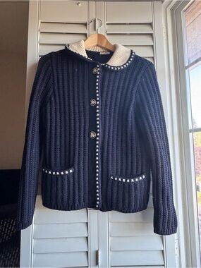 SS 2022 ORIG 1590 RARE Miu Miu Navy and Cream Ribbed Knit Cardigan